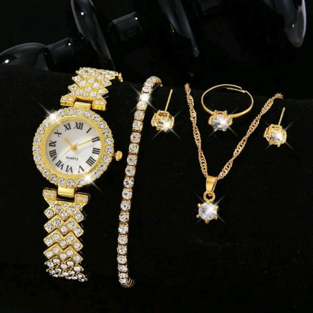 6pcs/set Gold-tone Women's Alloy Rhinestone Decor Steel Strap Quartz Watch